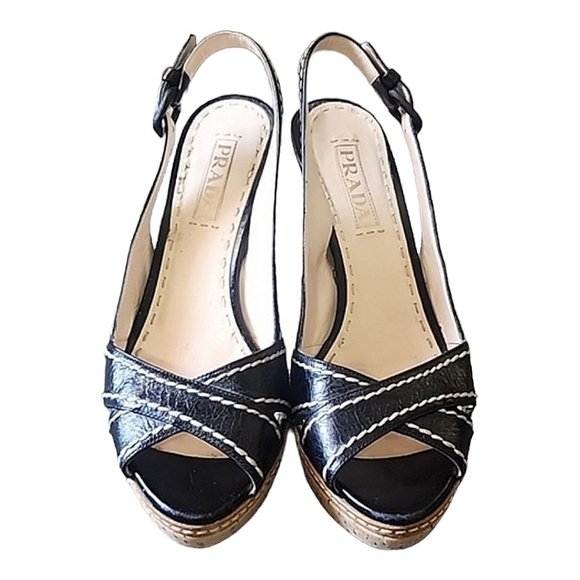 Prada black leather slingback heeled sandals size 39 (8) - Picture 2 of 12